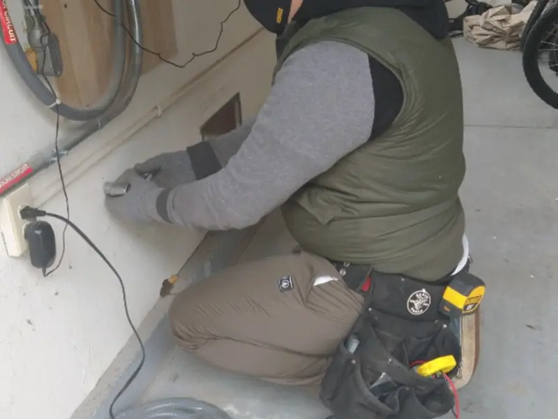 Electrician performing outlet wiring in a Canutillo garage
